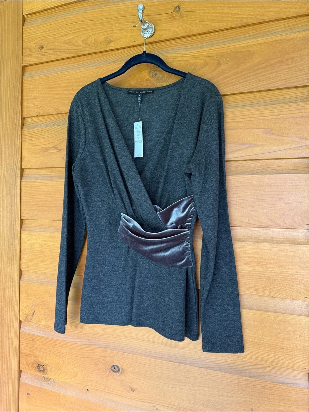 White House Black Market Charcoal Gray Wrap Blouse with Satin Accent - Picture 4 of 5